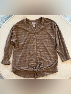 Chicos Brown Heathered Wave Textured Tie-Front 3/4 Sleeve Top size 1 / Medium